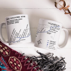 Kubek linia kolejowa 47 i 48 WKD, Linia kolejowa 47, Linia kolejowa 48, Linia kolejowa nr 47 i 48, Linia kolejowa 47 i 48 Warszawa Śródmieście WKD - Grodzisk Mazowiecki Radońska / Milanówek Grudów, Kubek 330ml z linią kolejową 47 i 48, linia WKD, linia zarządzana przez warszawską kolej dojazdową, Rozkład WKD, Pociąg, Pociąg osobowy, Kolejka elektryczna, EKD, Elektryczna Kolej Dojazdowa, schemat linii kolejowej na kubku, gadżet PKP, schemat linii kolejowej na kubku, upominek dla maszynisty, kubek dla maszynisty, linia kolejowa normalnotorowa, linia kolejowa wielkopolskie, kolej Warszawska