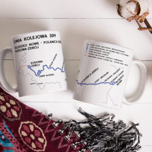 Kubek linia kolejowa 309, Linia kolejowa 309, Linia kolejowa nr 309, Linia kolejowa 309 Kłodzko Nowe - Kudowa-Zdrój, Kubek 330ml z linią kolejową 309, kubek linia 309, kubek linia kolejowa 309 Kłodzko Nowe - Polanica-Zdrój - Kudowa-Zdrój, linia kolejowa okolice Kłodzka, Rozkład PKP, Pociąg, Pociąg towarowy, Pociąg osobowy, schemat linii kolejowej na kubku, gadżet PKP, schemat linii kolejowej na kubku, upominek dla maszynisty, kubek dla maszynisty, linia kolejowa normalnotorowa, linia kolejowa dolnośląskie, linia kolejowa ziemia kłodzka, Koleje Dolnośląskie, DSDiK